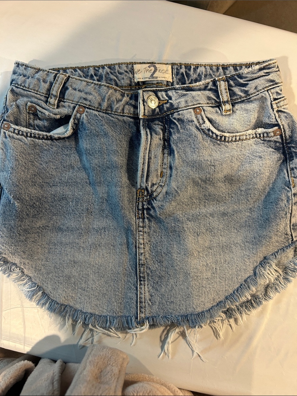 WE THE FREE FP Light Wash Denim Frayed Hem Mini Skirt
